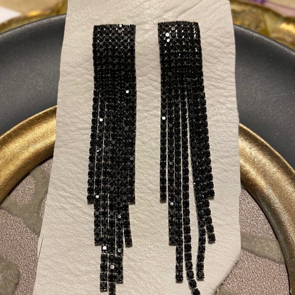 BLACK RHINESTONE CRYSTAL DANGLE 80S 90S - Picture 4 of 13